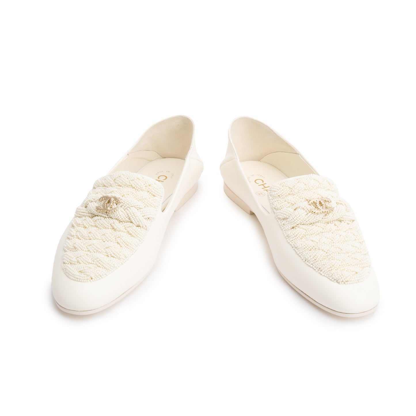 Chanel White Lambskin Leather CC Logo Beaded Loafer, Size 40