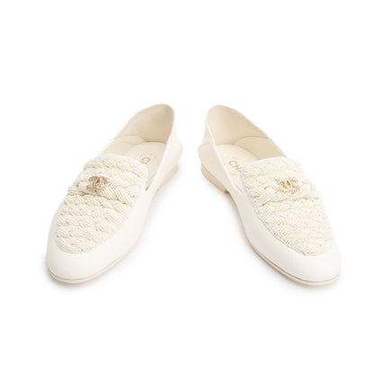 Chanel White Lambskin Leather CC Logo Beaded Loafer, Size 40