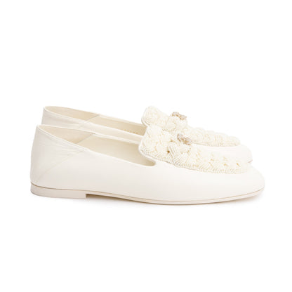 Chanel White Lambskin Leather CC Logo Beaded Loafer, Size 40