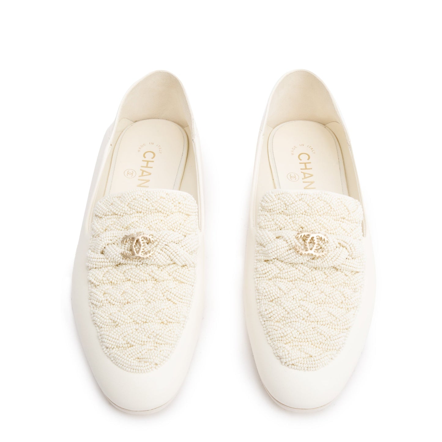 Chanel White Lambskin Leather CC Logo Beaded Loafer, Size 40
