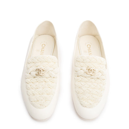 Chanel White Lambskin Leather CC Logo Beaded Loafer, Size 40