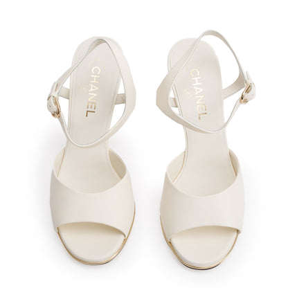 Chanel White Leather Lucite CC Wedge Sandals, Size 39.5
