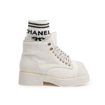 Chanel White Pony Hair Suede Interlocking CC Logo Combat Boots, Size 35.5