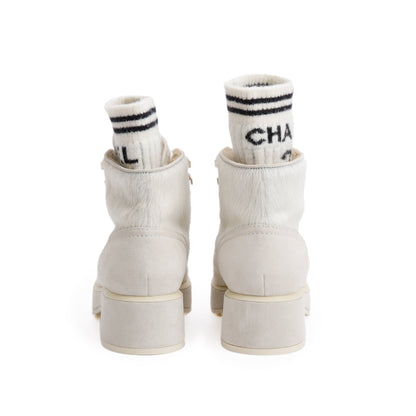 Chanel White Pony Hair Suede Interlocking CC Logo Combat Boots, Size 35.5