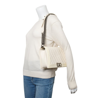 Chanel White Quilted Calfskin and Patent Leather Trim Large Boy Bag