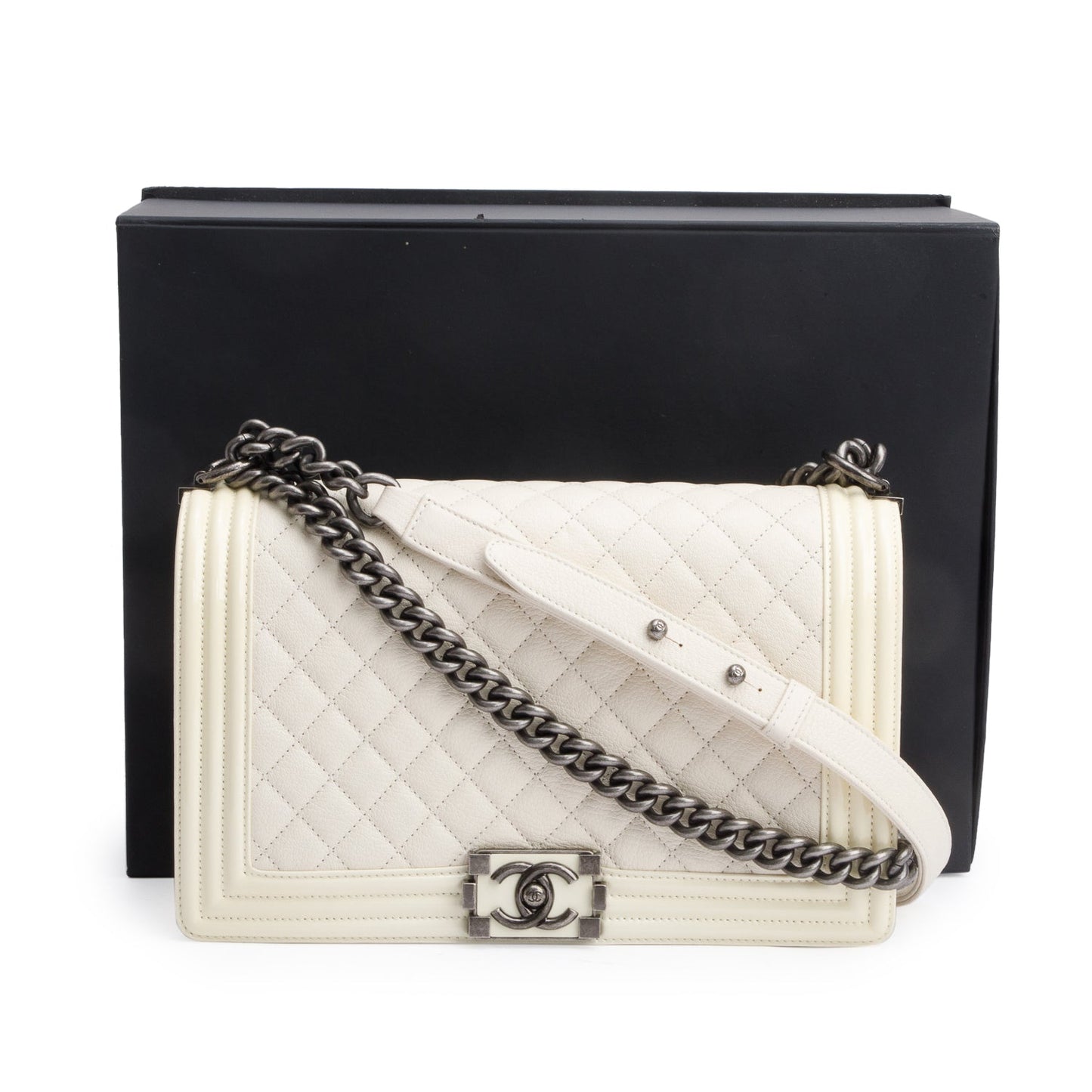 Chanel White Quilted Calfskin and Patent Leather Trim Large Boy Bag