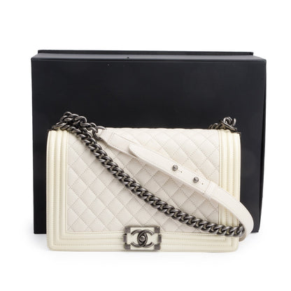 Chanel White Quilted Calfskin and Patent Leather Trim Large Boy Bag