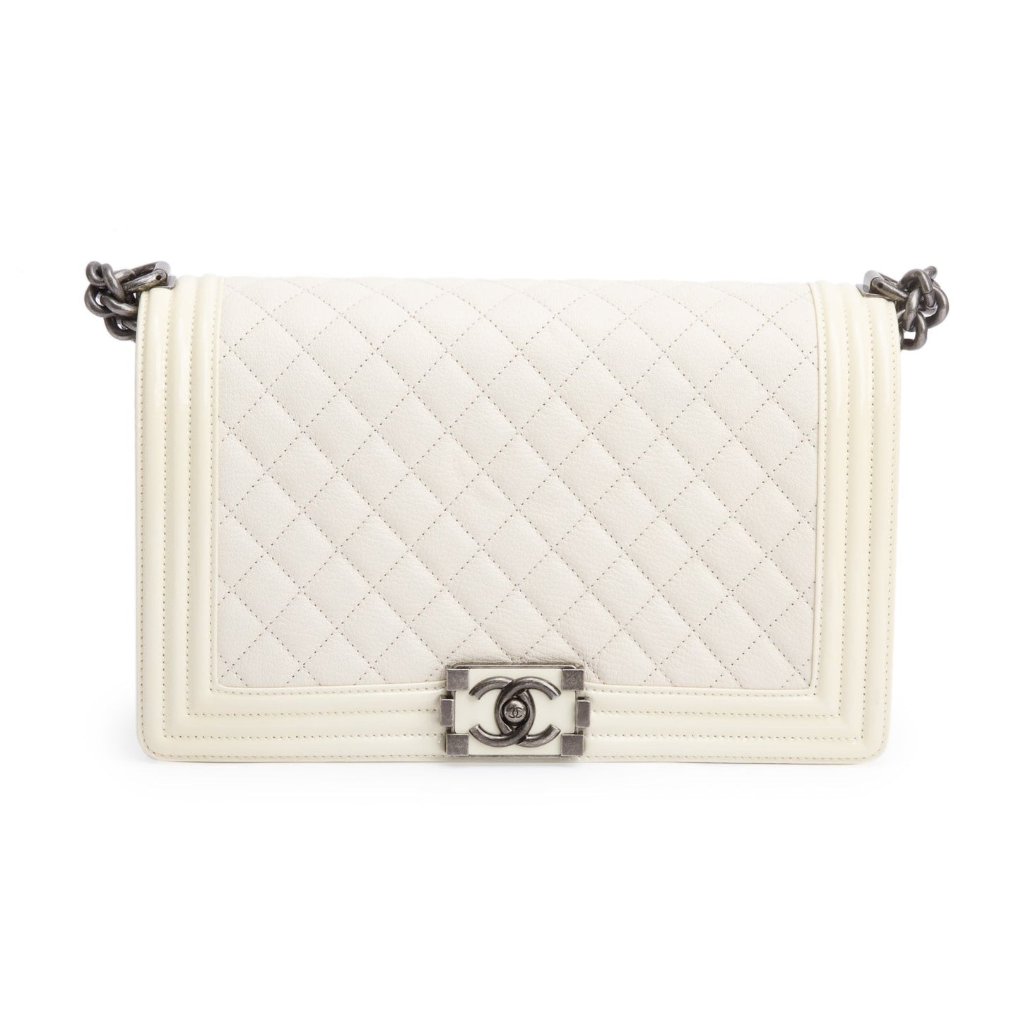 Chanel White Quilted Calfskin and Patent Leather Trim Large Boy Bag