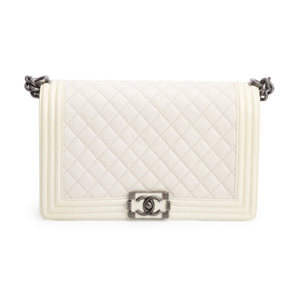 Chanel White Quilted Calfskin and Patent Leather Trim Large Boy Bag