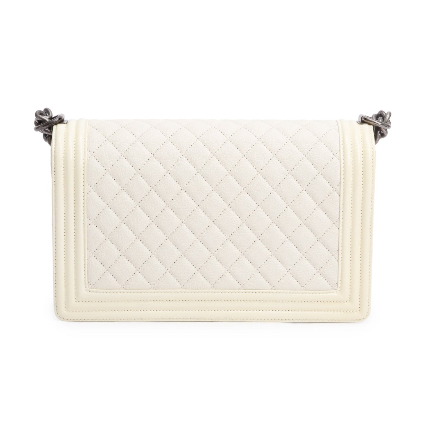 Chanel White Quilted Calfskin and Patent Leather Trim Large Boy Bag