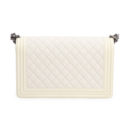 Chanel White Quilted Calfskin and Patent Leather Trim Large Boy Bag