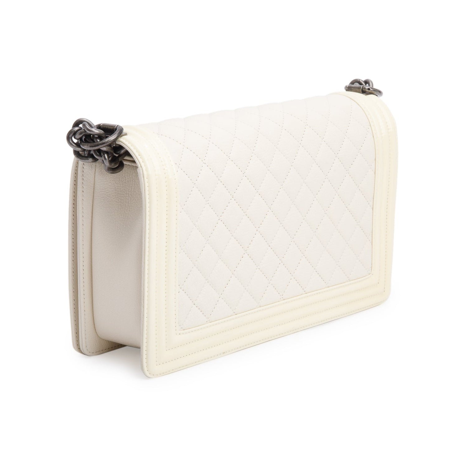 Chanel White Quilted Calfskin and Patent Leather Trim Large Boy Bag