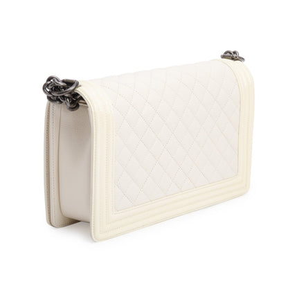 Chanel White Quilted Calfskin and Patent Leather Trim Large Boy Bag