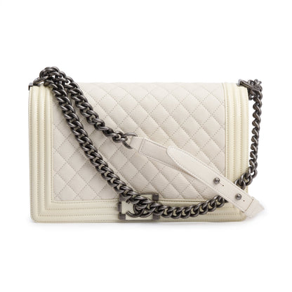 Chanel White Quilted Calfskin and Patent Leather Trim Large Boy Bag
