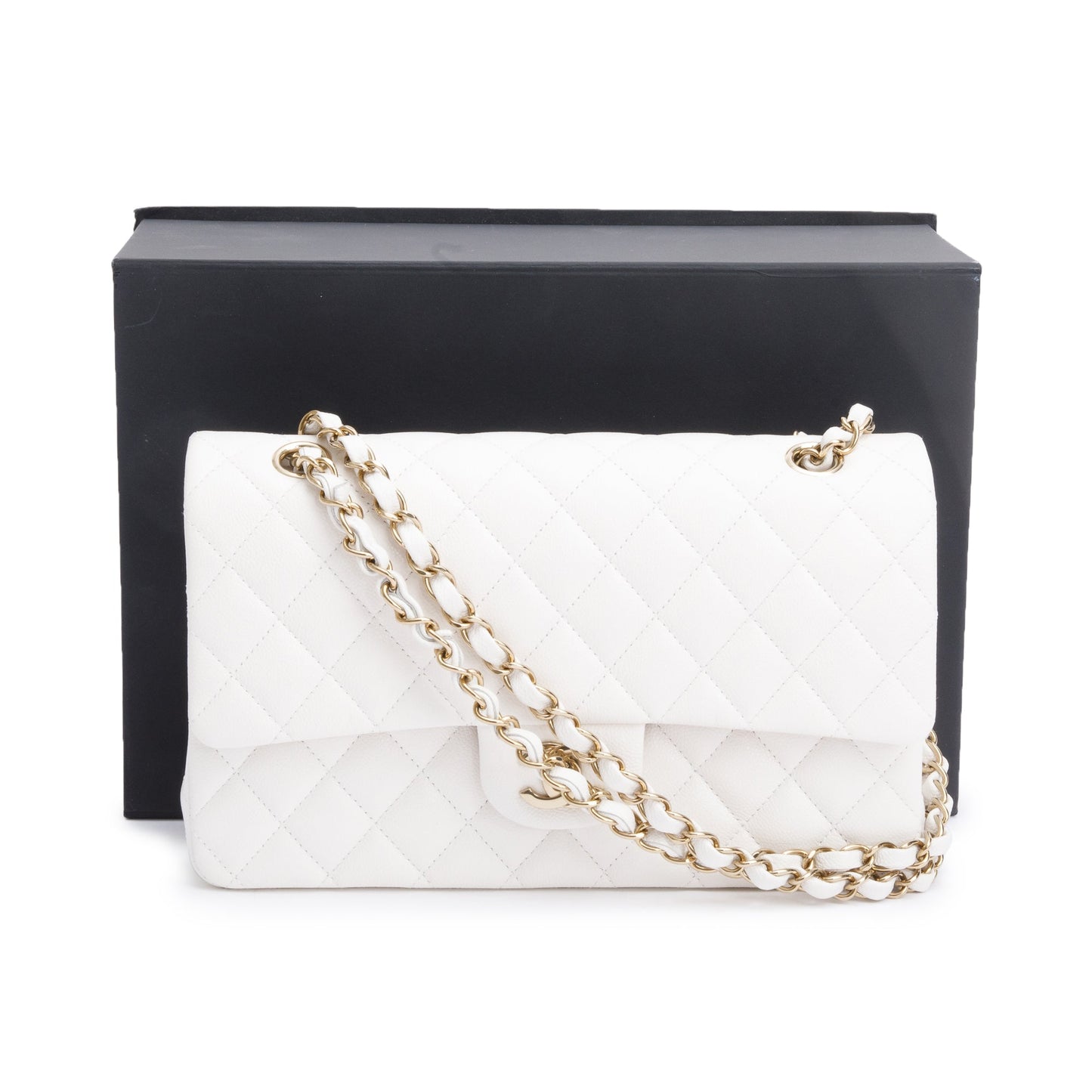 Chanel White Quilted Caviar Leather Classic Medium Double Flap Bag