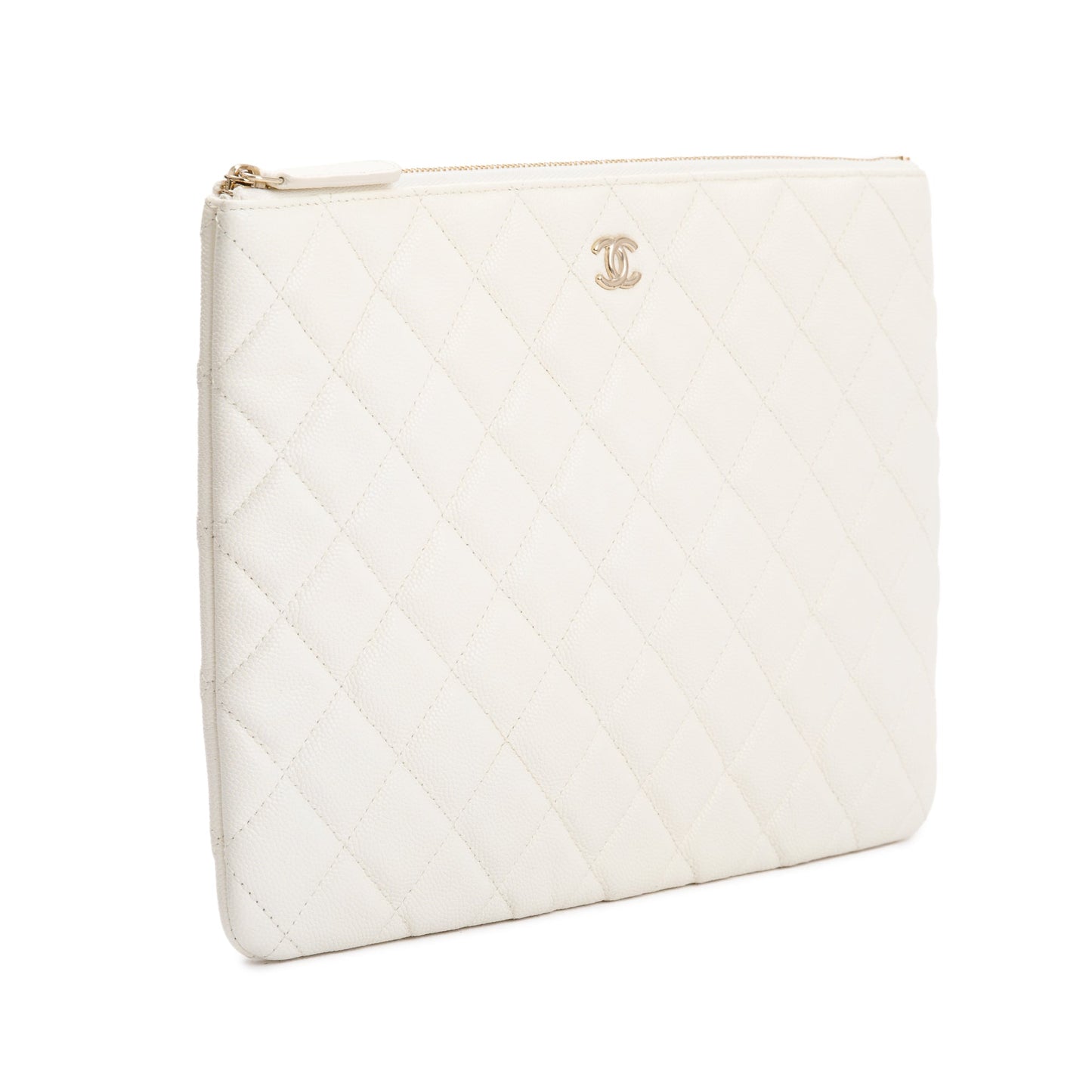 Chanel White Quilted Caviar Leather Medium O-Case Clutch