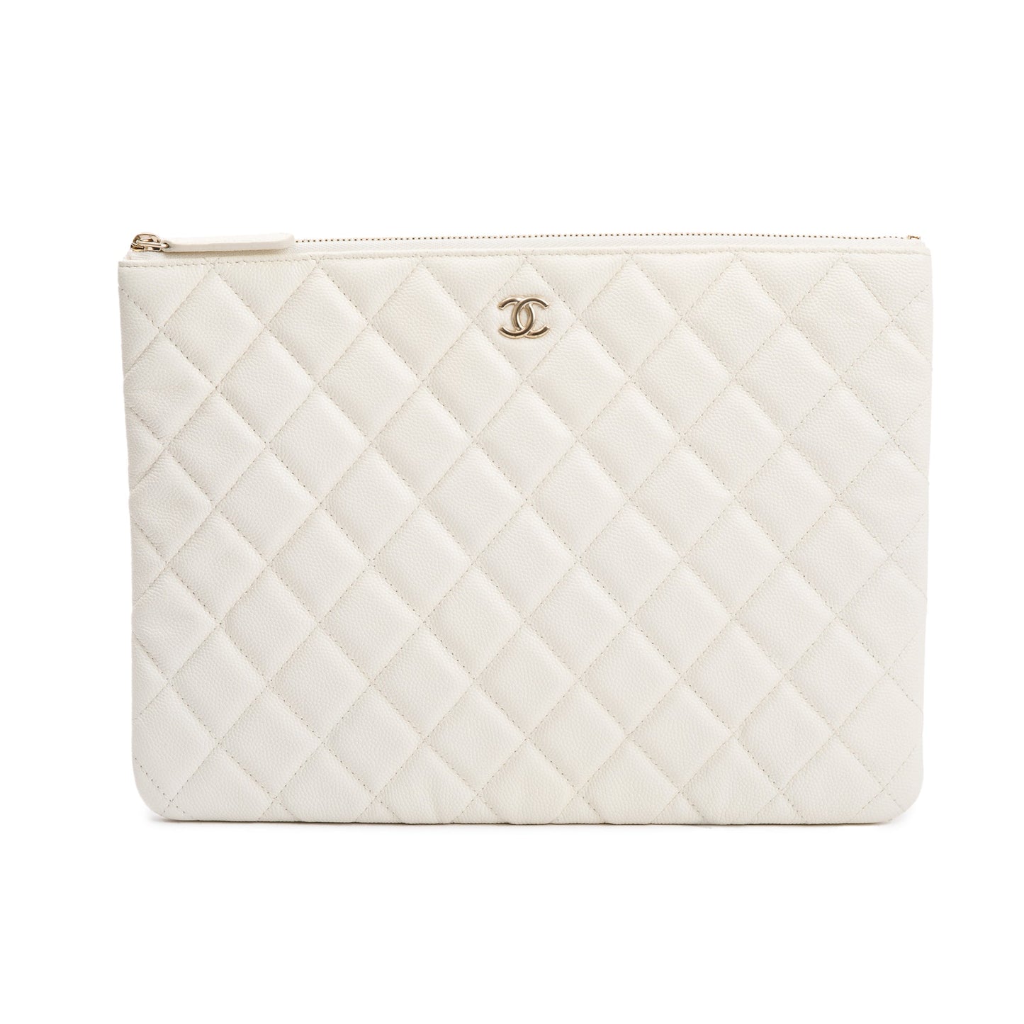 Chanel White Quilted Caviar Leather Medium O-Case Clutch