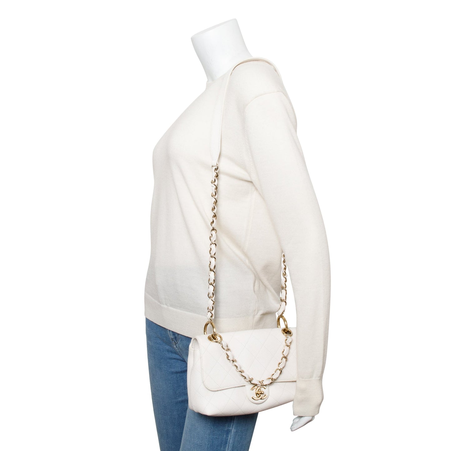 Chanel White Quilted Caviar Leather Small City Walk Flap Bag
