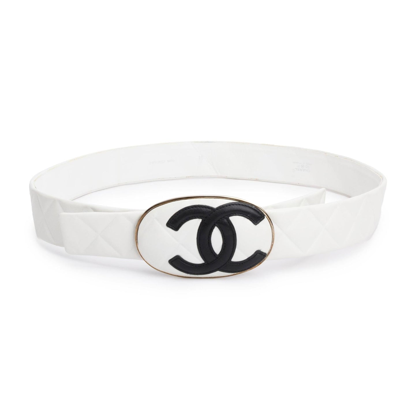 Chanel White Quilted Lambskin Leather Interlocking CC Logo Oval  Buckle Belt 80 38