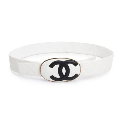 Chanel White Quilted Lambskin Leather Interlocking CC Logo Oval  Buckle Belt 80 38