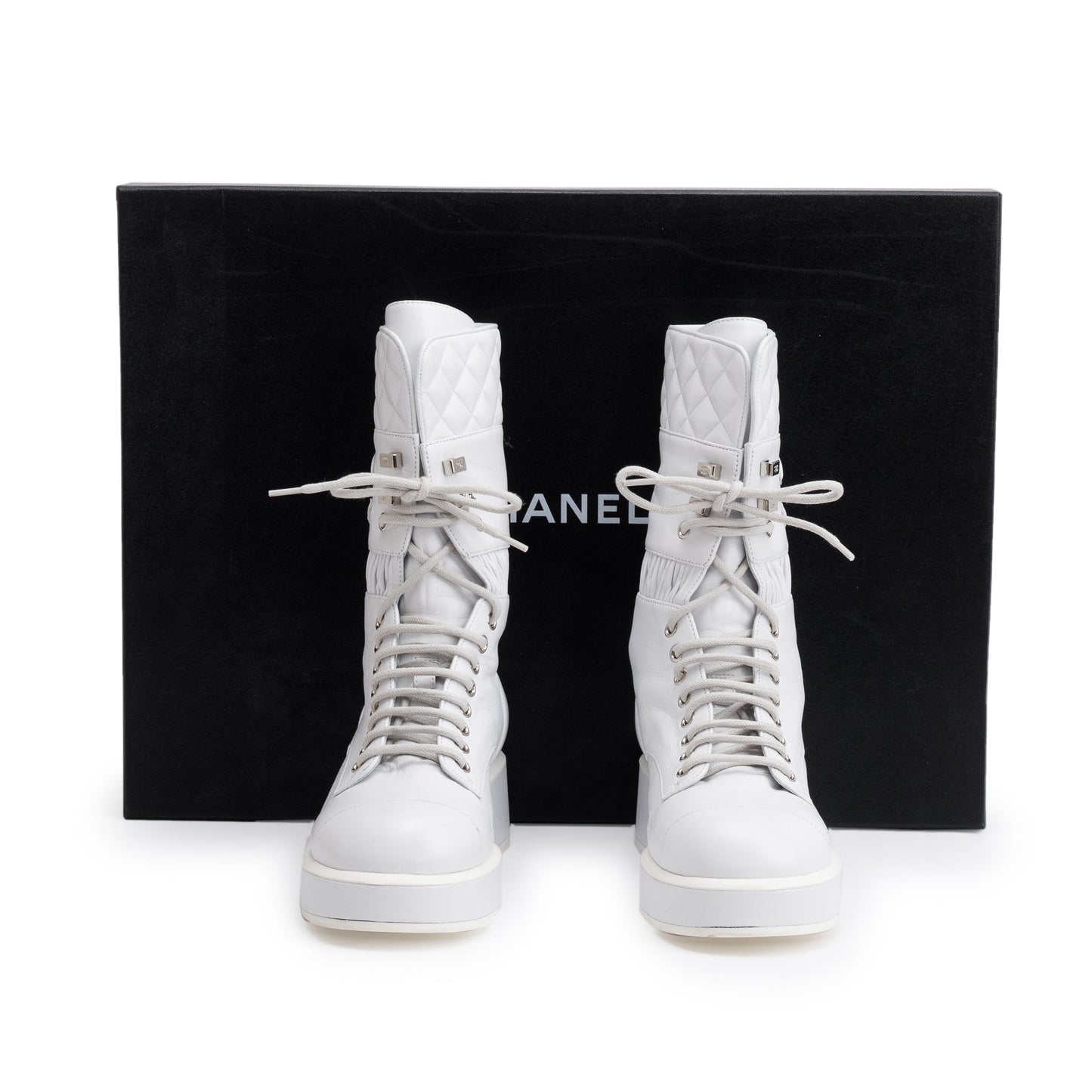 Chanel White Quilted Leather Interlocking CC Logo Combat Boots, Size 37