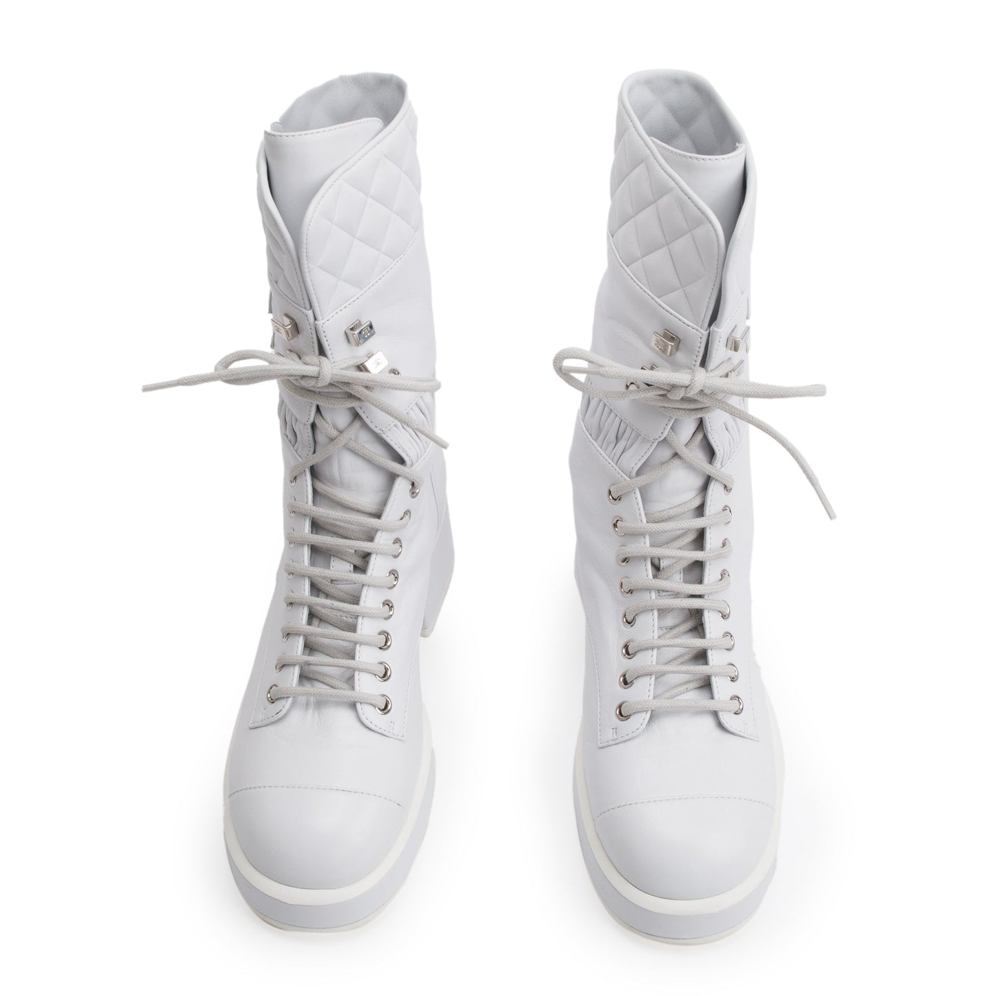 Chanel White Quilted Leather Interlocking CC Logo Combat Boots, Size 37