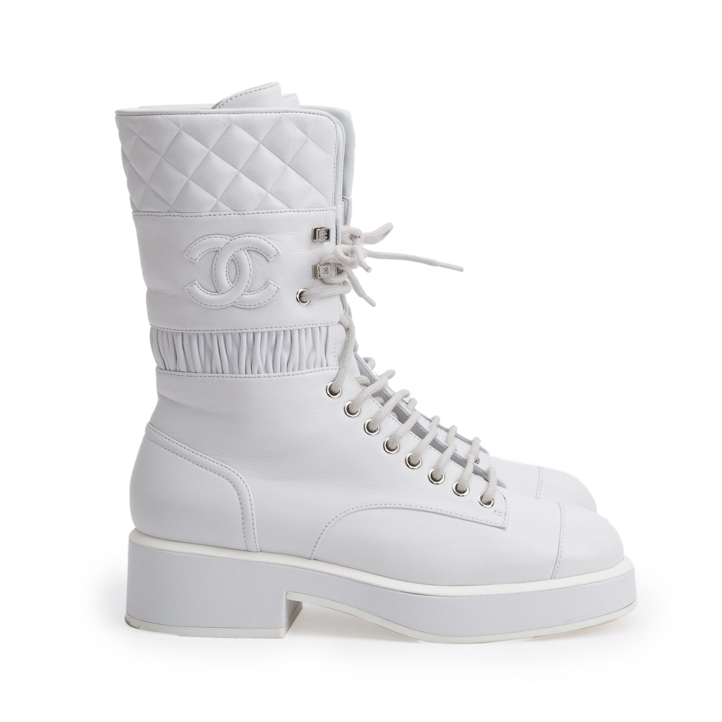 Chanel White Quilted Leather Interlocking CC Logo Combat Boots, Size 37