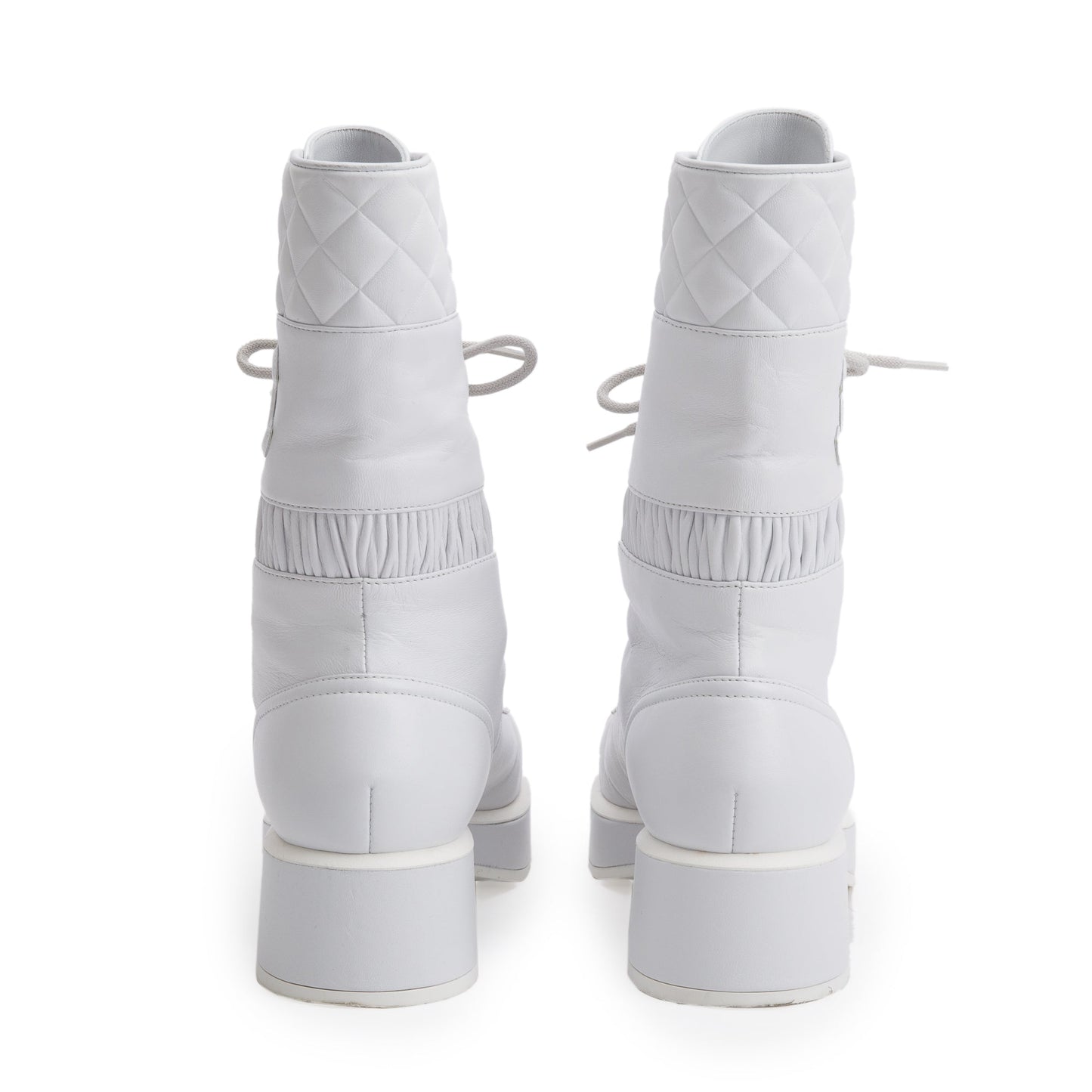 Chanel White Quilted Leather Interlocking CC Logo Combat Boots, Size 37