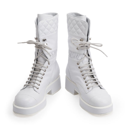 Chanel White Quilted Leather Interlocking CC Logo Combat Boots, Size 37
