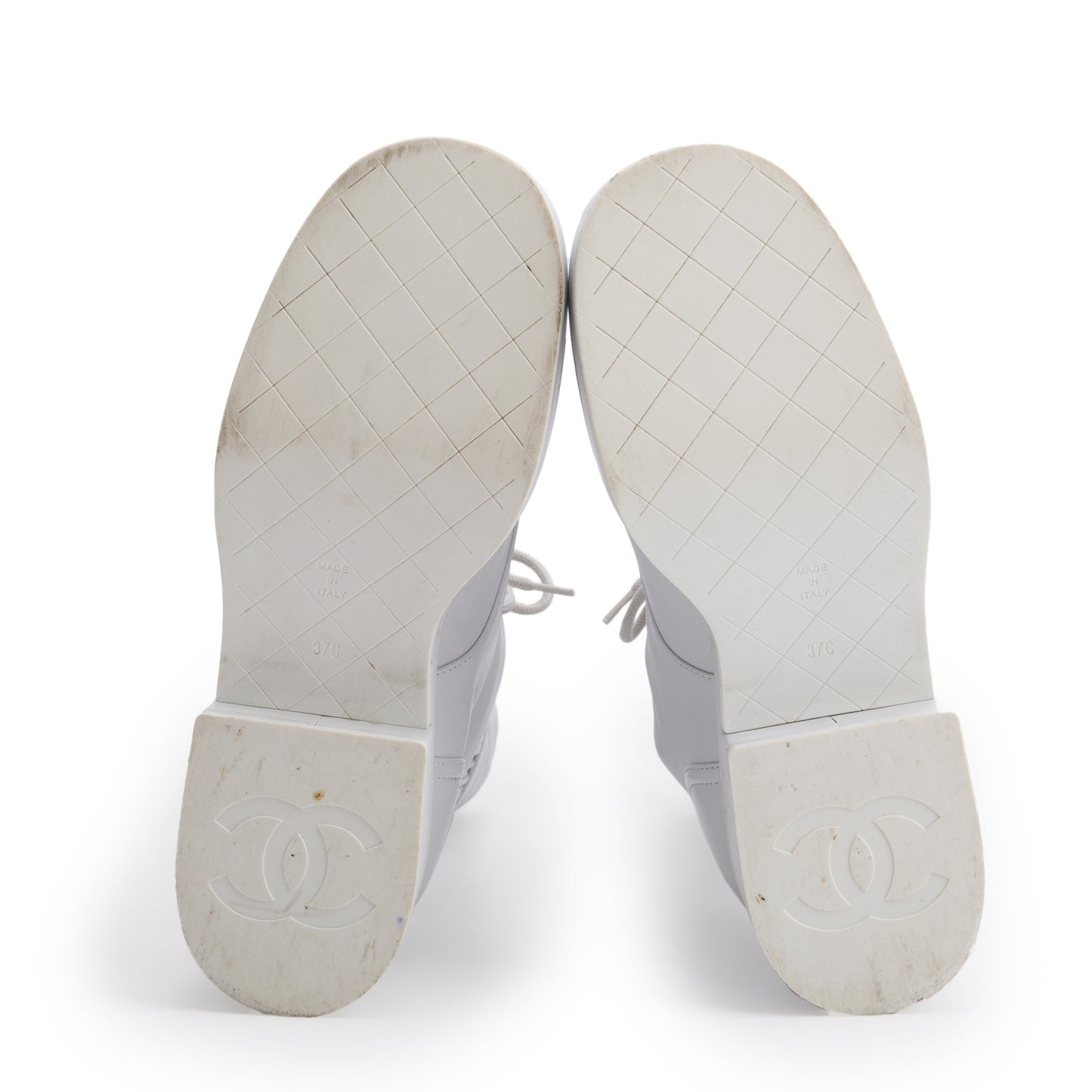 Chanel White Quilted Leather Interlocking CC Logo Combat Boots, Size 37