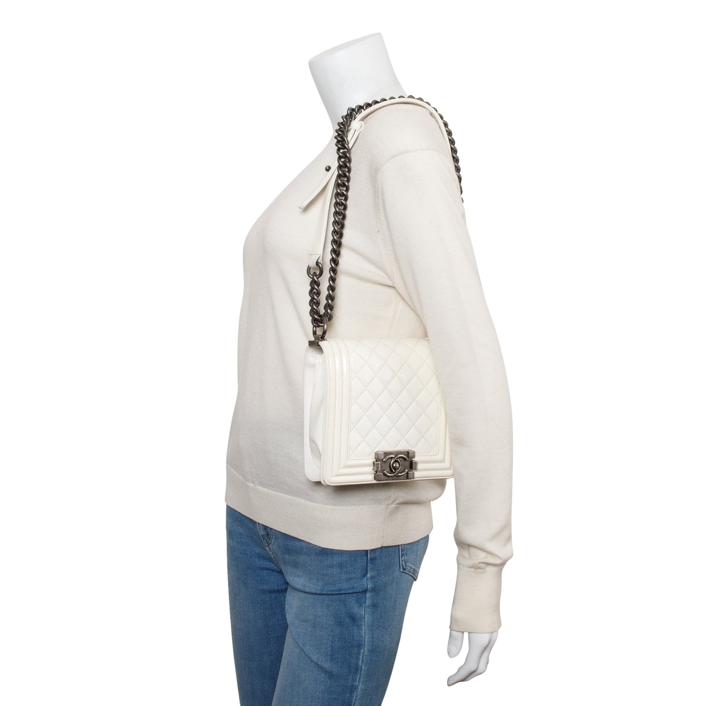 Chanel White Quilted Leather Small Gentle Boy Bag