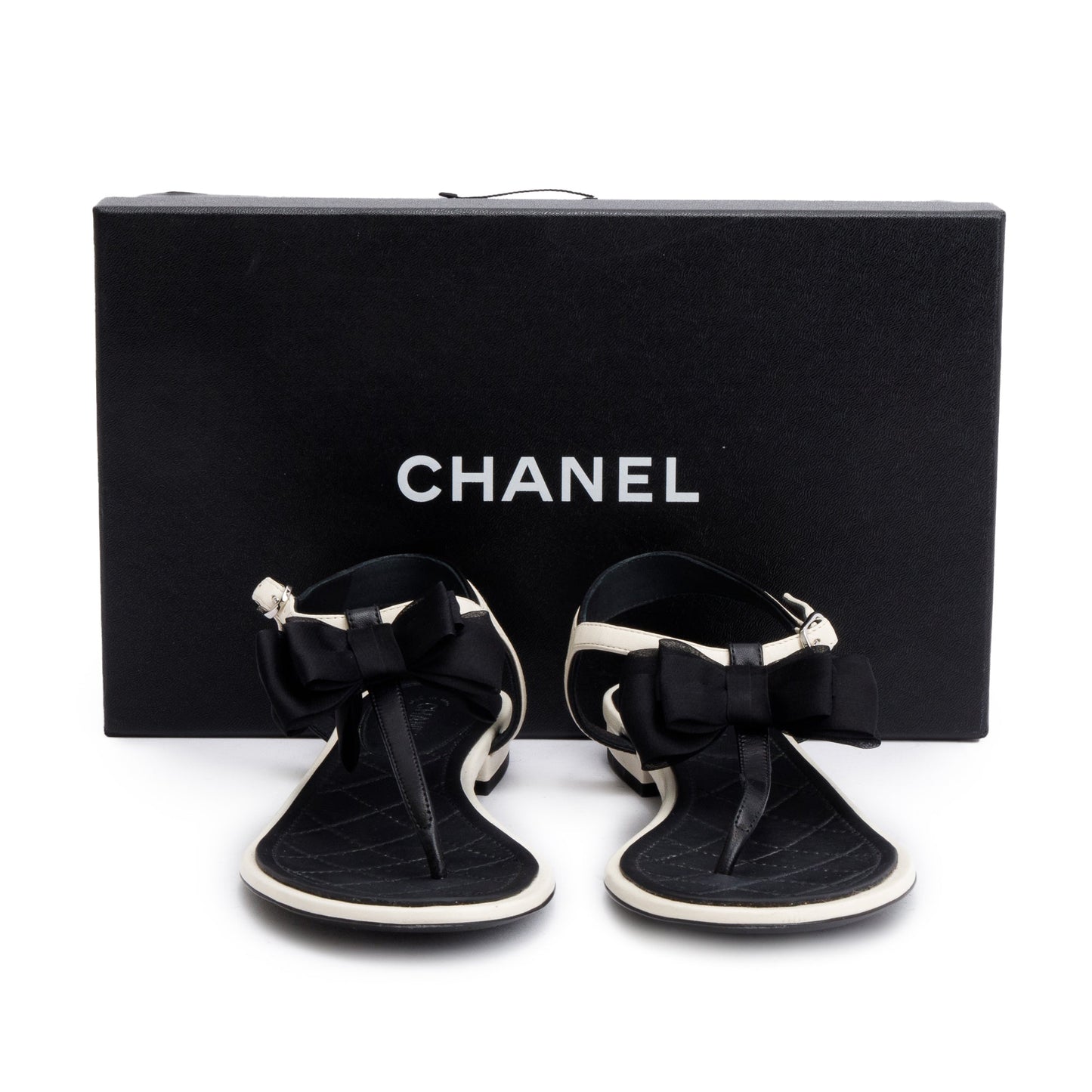 Chanel White/Black Leather Bow T-Strap Sandals, Size 36.5