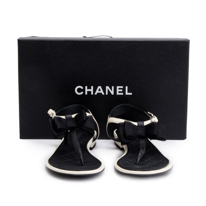 Chanel White/Black Leather Bow T-Strap Sandals, Size 36.5