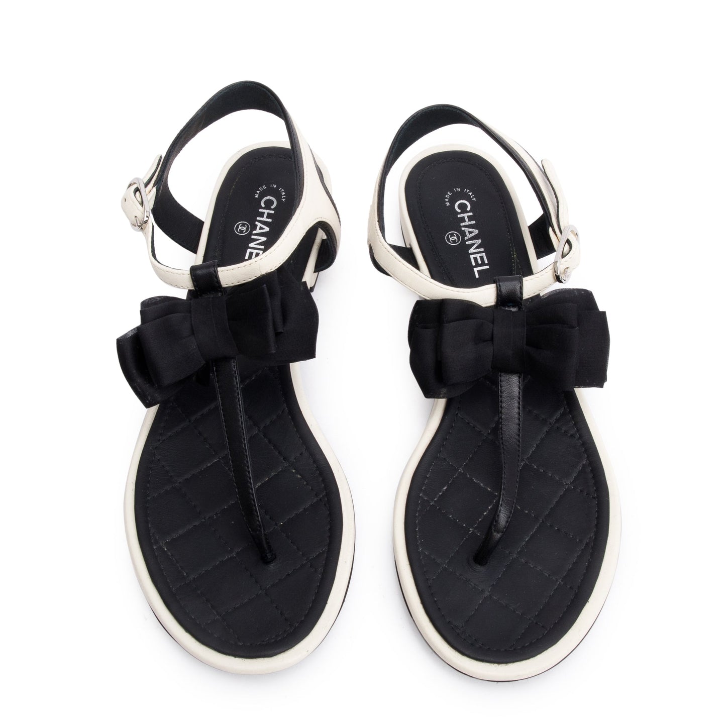 Chanel White/Black Leather Bow T-Strap Sandals, Size 36.5