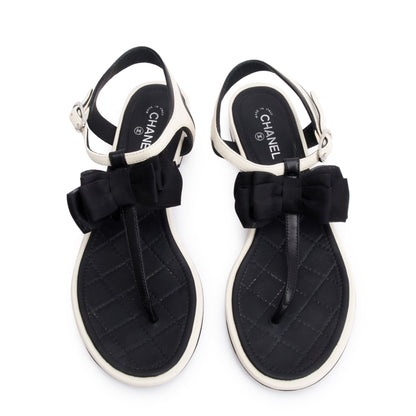 Chanel White/Black Leather Bow T-Strap Sandals, Size 36.5