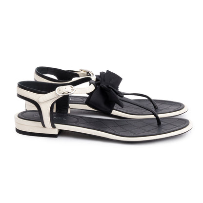 Chanel White/Black Leather Bow T-Strap Sandals, Size 36.5