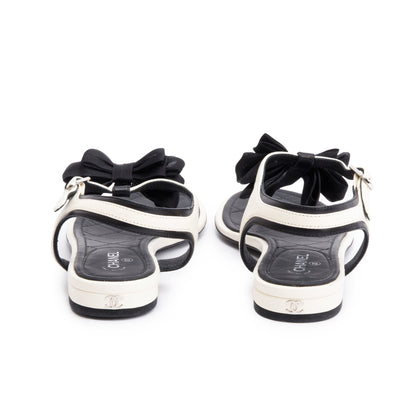 Chanel White/Black Leather Bow T-Strap Sandals, Size 36.5
