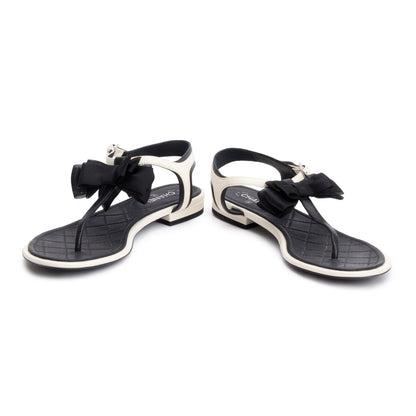 Chanel White/Black Leather Bow T-Strap Sandals, Size 36.5