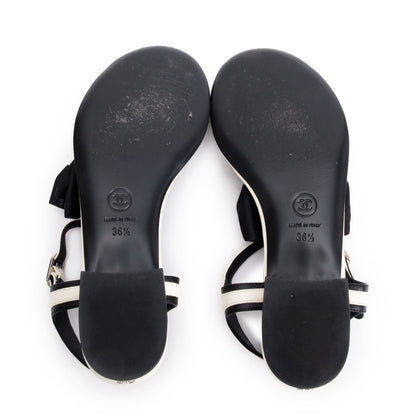 Chanel White/Black Leather Bow T-Strap Sandals, Size 36.5