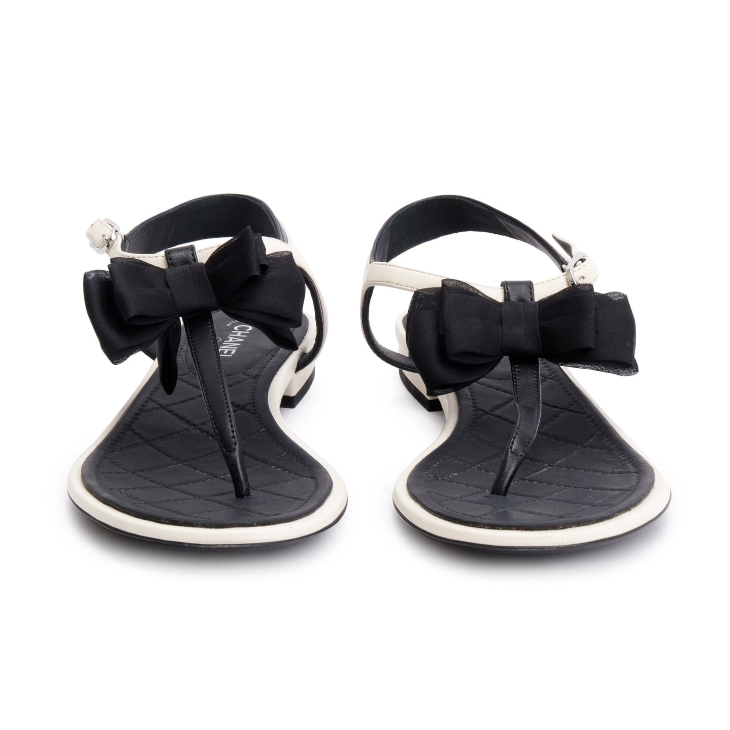 Chanel White/Black Leather Bow T-Strap Sandals, Size 36.5