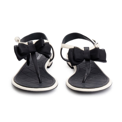 Chanel White/Black Leather Bow T-Strap Sandals, Size 36.5