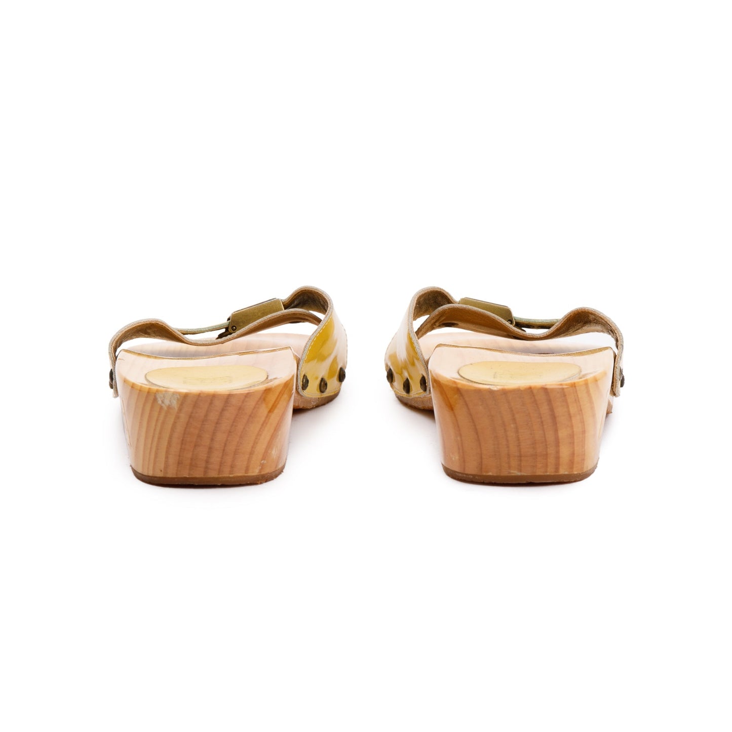 Chanel Wooden Yellow Patent Leather Interlocking CC Logo Clog Slides, Size 42