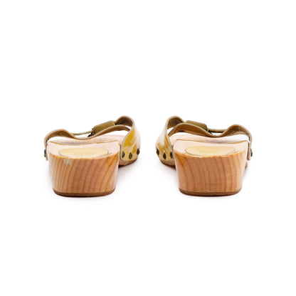 Chanel Wooden Yellow Patent Leather Interlocking CC Logo Clog Slides, Size 42