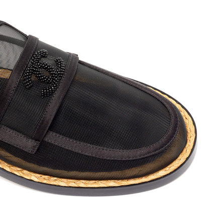 CHANEL MESH & SATIN BEADED CC SLIP-ON LOAFERS