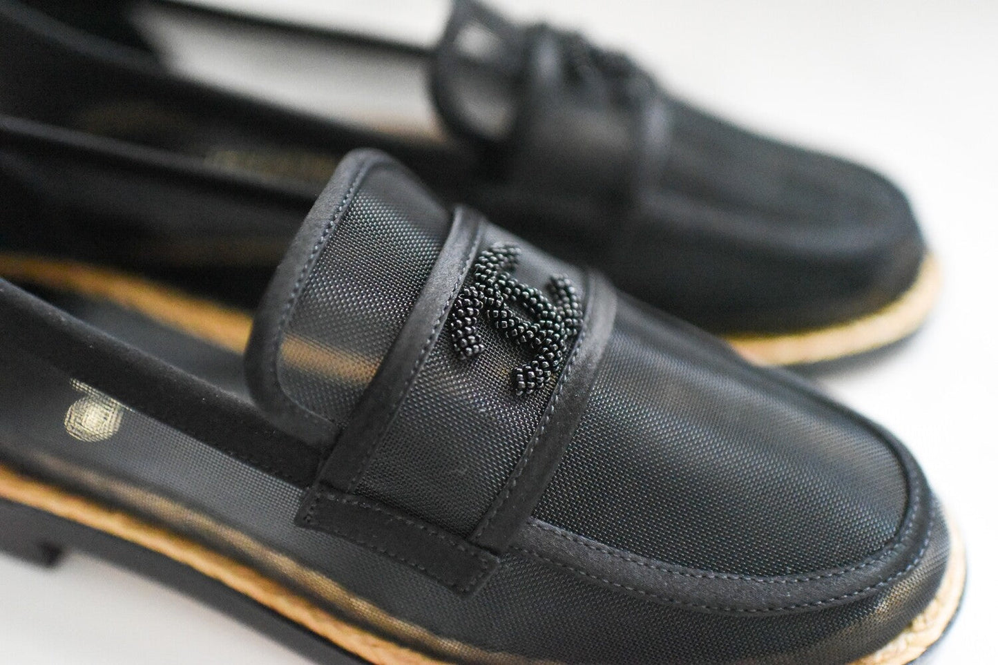CHANEL MESH & SATIN BEADED CC SLIP-ON LOAFERS
