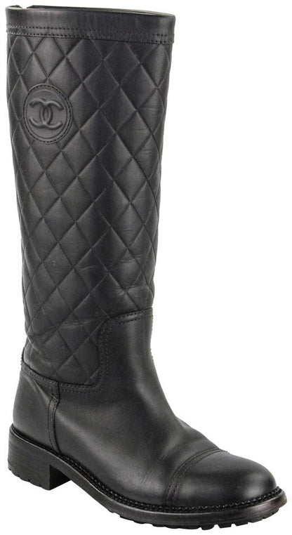 CHANEL CC QUILTED LEATHER KNEE HIGH RIDING BOOTS