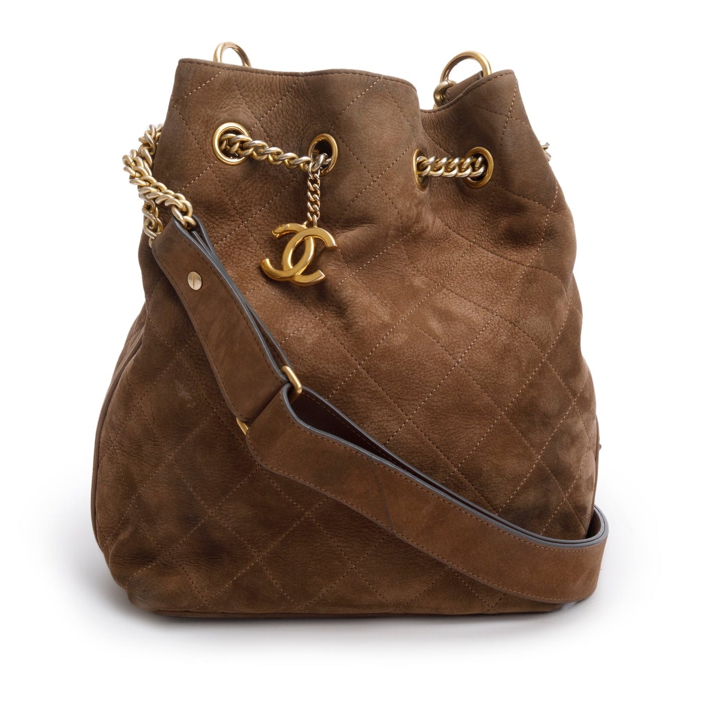 Chanel Brown Suede Quilted On My Shoulder Drawstring Bag
