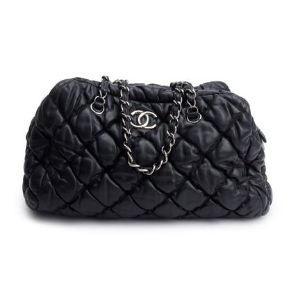 Chanel Black Bubble Quilt Lambskin Leather Medium Bowler Bag