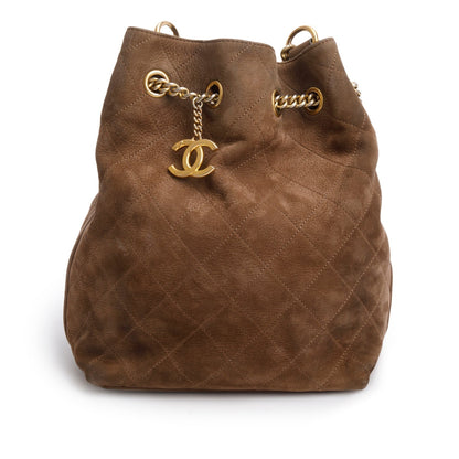Chanel Brown Suede Quilted On My Shoulder Drawstring Bag