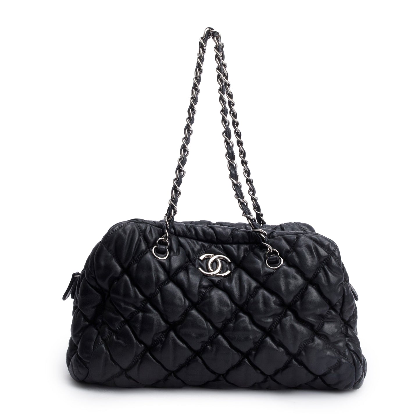Chanel Black Bubble Quilt Lambskin Leather Medium Bowler Bag